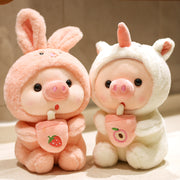 【Plush】Mini Pink Pig Plush Toy Wearing Rabbit Outfits