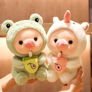【Plush】Mini Pink Pig Plush Toy Wearing Rabbit Outfits