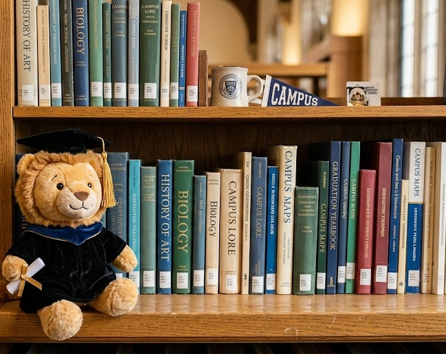 A mascot plush toy wearing a graduation gown sitting on a bookshelf as a campus keepsake