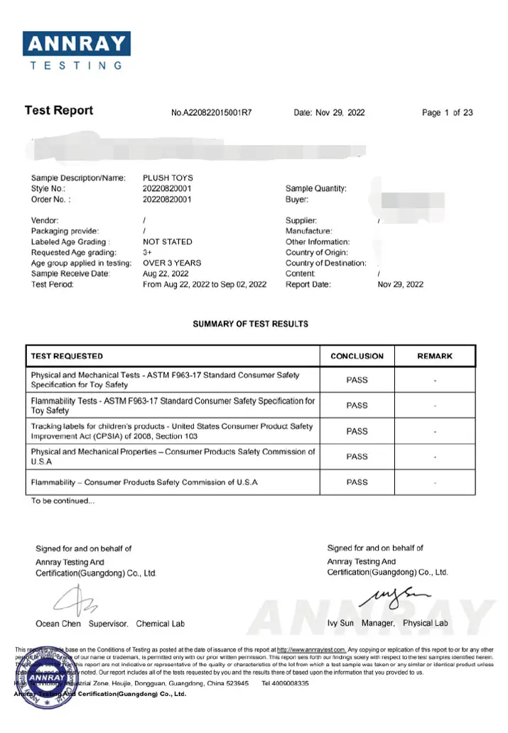 US Toy Safety Test Report for Plush Toys, ASTM F963 CPSIA Approved