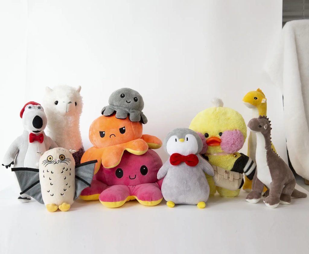 variety of custom plush toys wholesale samples on display