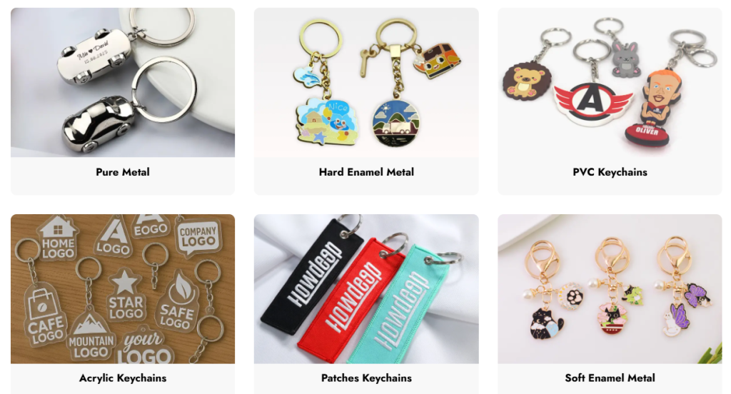 A clear grid of six pictures showing different materials for wholesale custom keychains, including pure metal, hard enamel, soft PVC, acrylic, embroidered patches, and soft enamel.