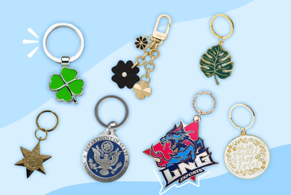 Seven different shapes of metal keychains, showing what metal are keychains made of