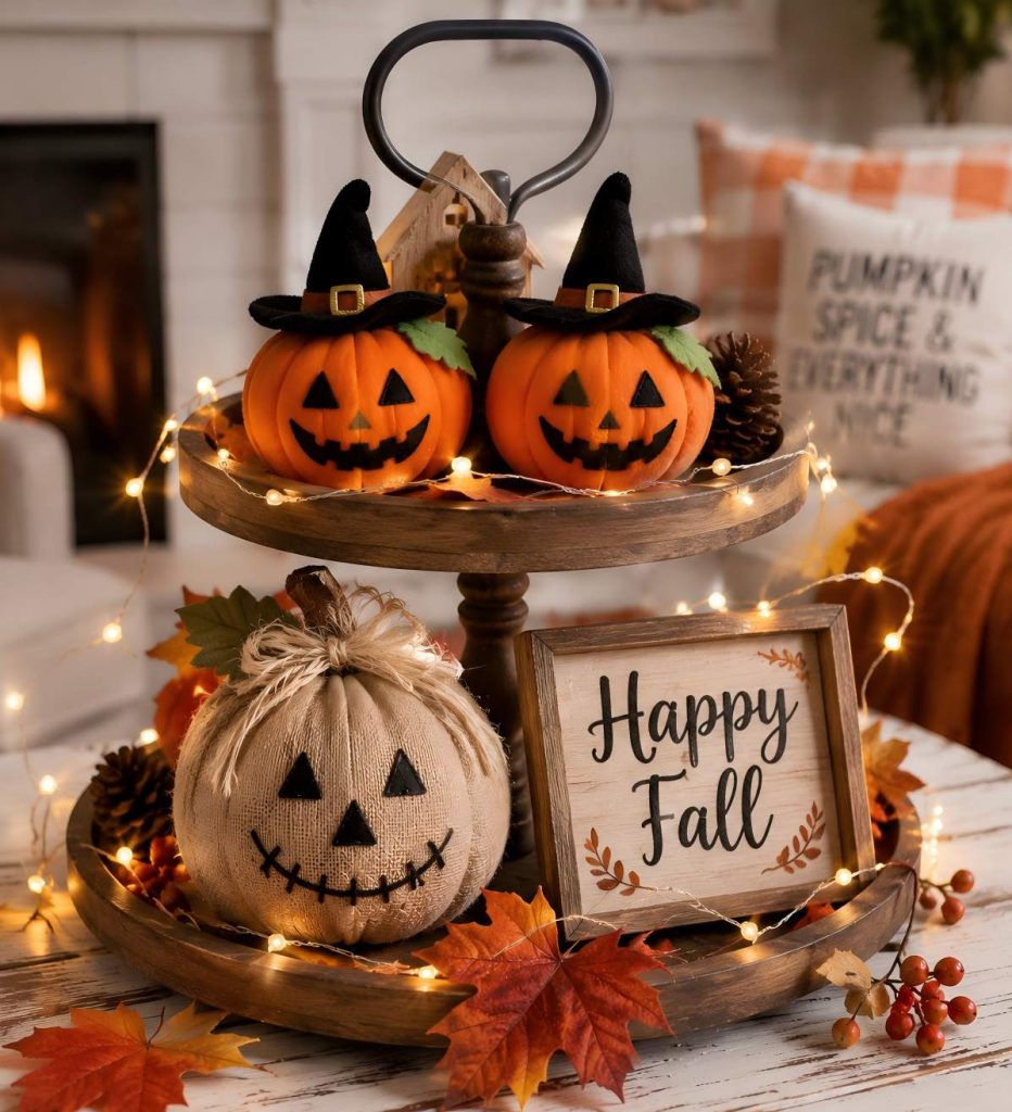 Cute mini Halloween pumpkin doll decor displayed on a rustic tiered tray