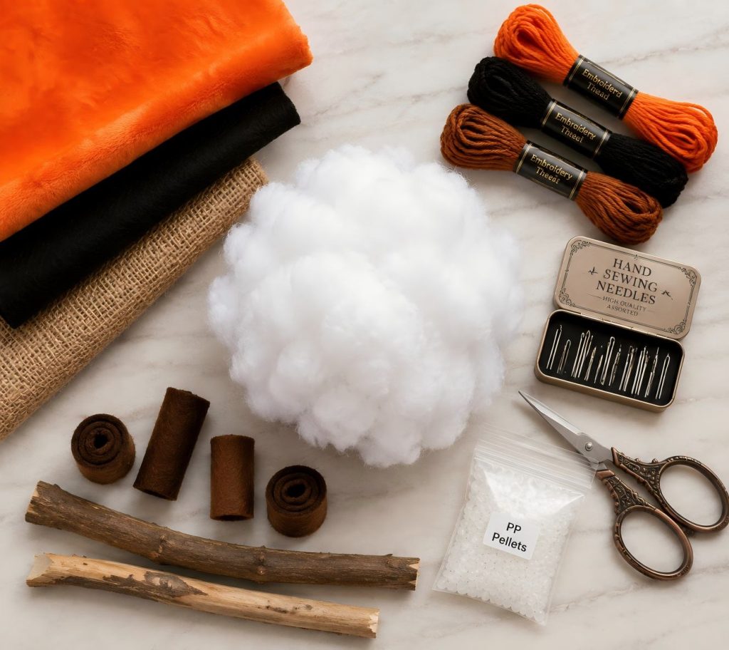 DIY craft materials including soft fabric and filling for Halloween pumpkin doll