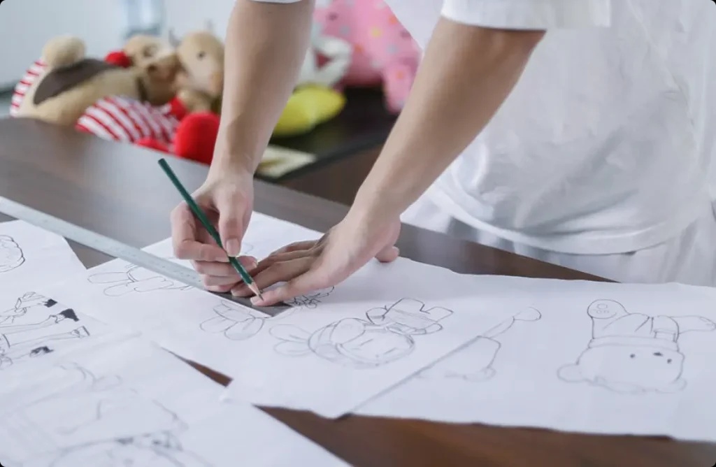 Designer drafting sketch for custom Christmas toys for dogs