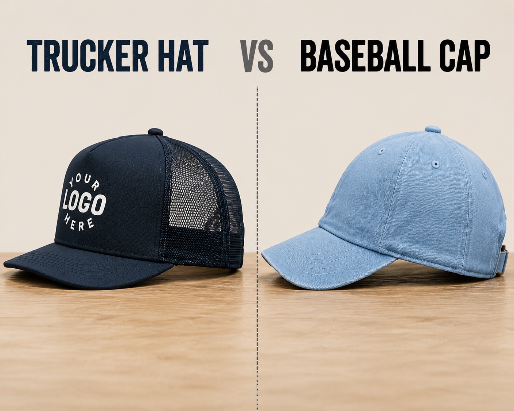 Comparison between a customizable trucker hat and a classic baseball cap