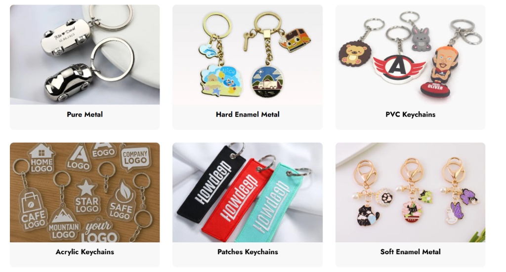 Comparison chart of keychains materials including acrylic, metal, PVC, and patches