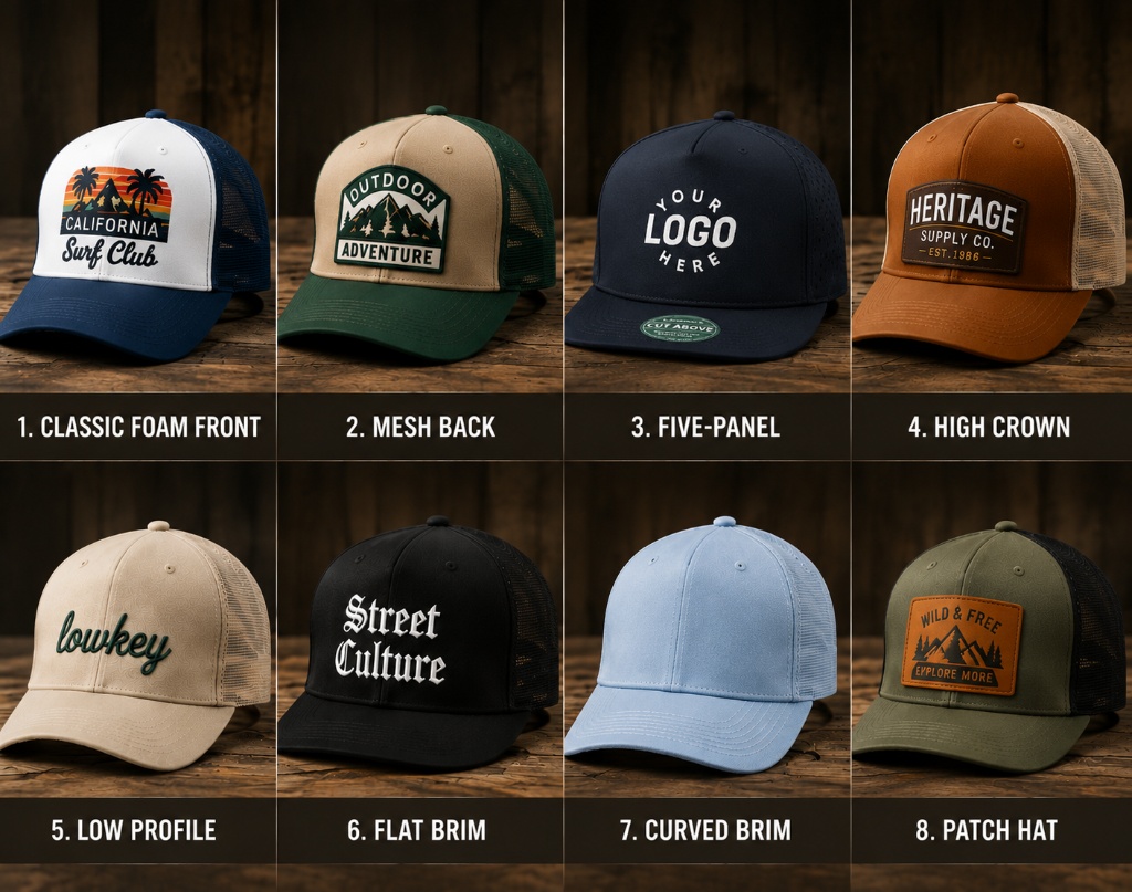 Visual guide of 8 types of trucker hats for custom branding and merch