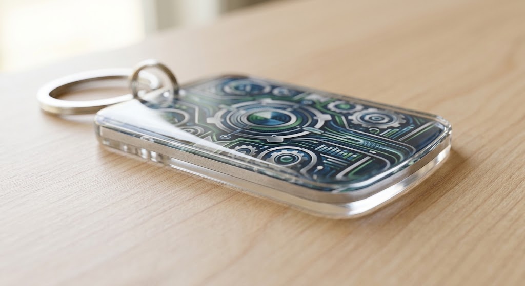 Double sided acrylic keychain showing sealed artwork inside layer to avoid scratches