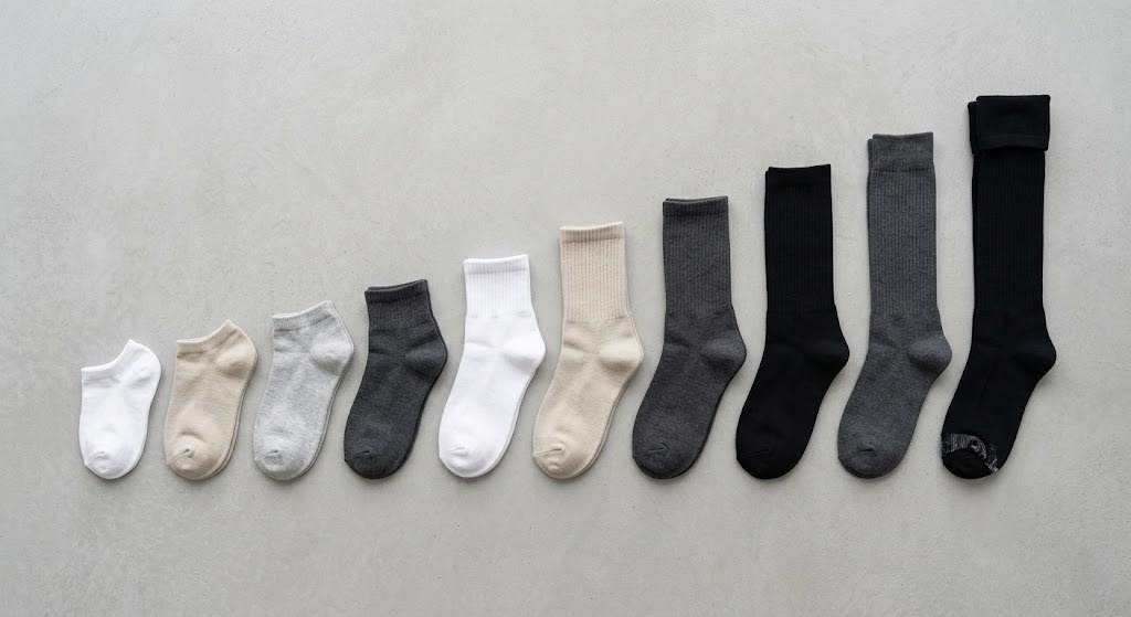 Flat lay comparison of 10 different sock lengths