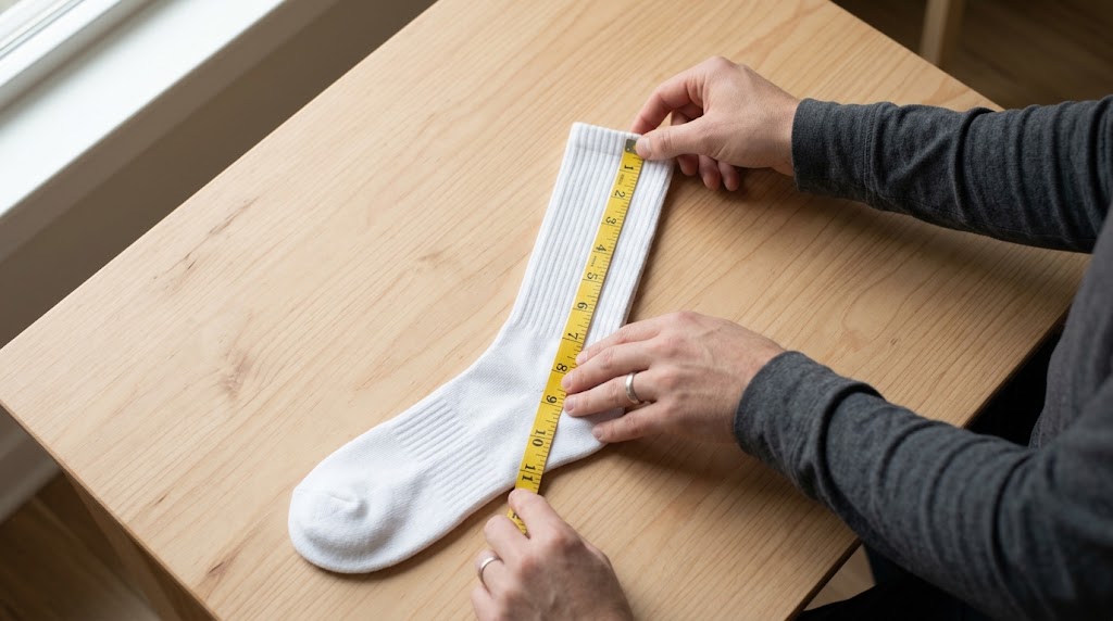 Measuring white ribbed sock leg height vertically from cuff to heel with tape measure