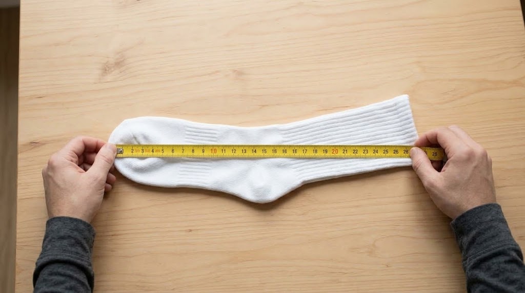 Measuring white sock foot length horizontally from heel to toe on wooden surface