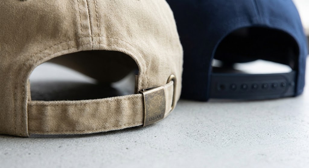 Metal buckle strap on dad hat vs baseball cap plastic closure details
