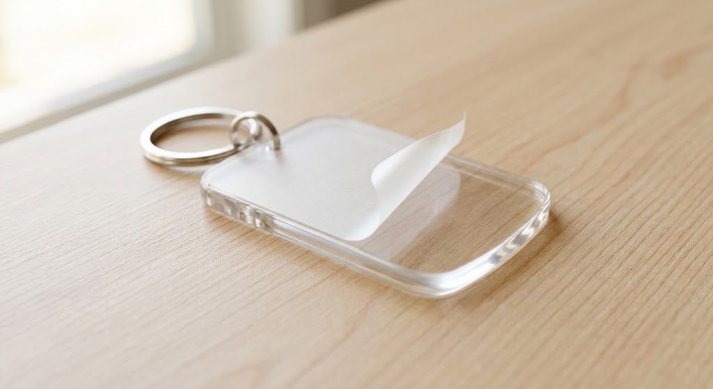 Peeling off factory protective film from a clear acrylic keychain surface