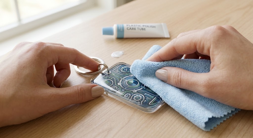 Polishing custom acrylic keychain with microfiber cloth and plastic polish compound