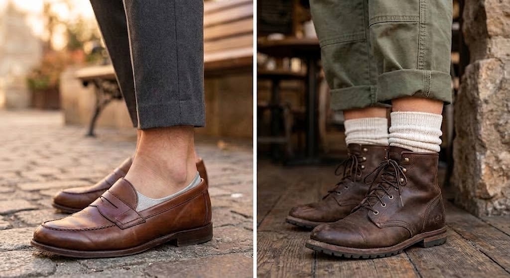 Styling loafers with no-show socks and work boots with crew sock length