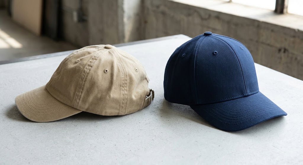 Unstructured dad hat vs baseball cap showing front crown structure difference