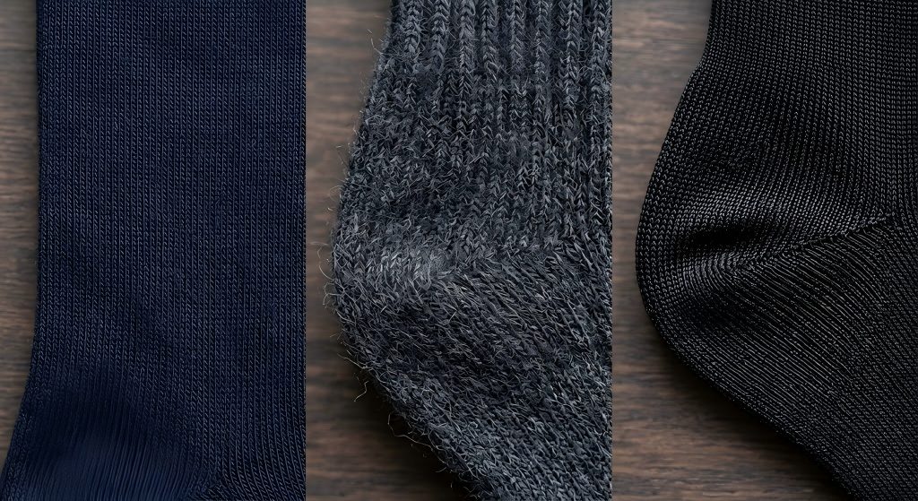 Close up view of what dress socks are made of including cotton and wool