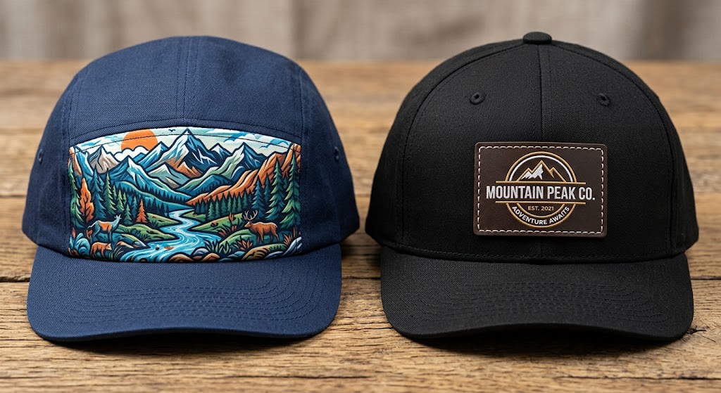 Custom logo placement on 5 panel and 6 panel hats